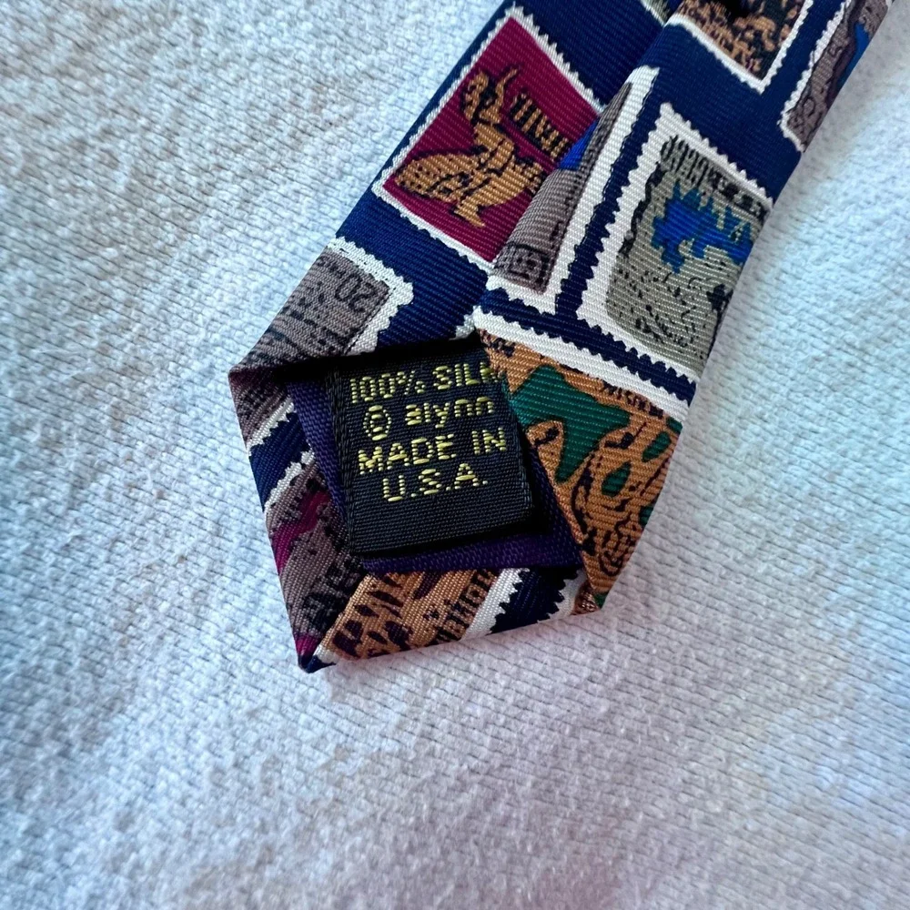 Alynn Mens Silk Tie International Stamp Collection Navy Blue Vintage Postage USA
